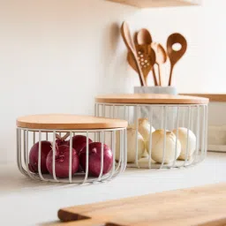 Metal Nested Wire Wood Baskets Trays White Finish For Storage Iron Fruit & Vegetable Basket-10