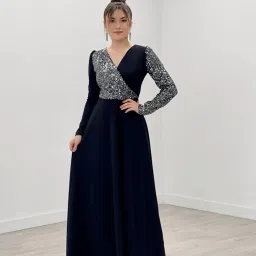 Women Fit and Flare Silver Maxi/Full Length Dress-image-95