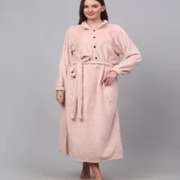 klotthe Pink Solid Woolen Women Bath Robe With Belt (M)-picture-9