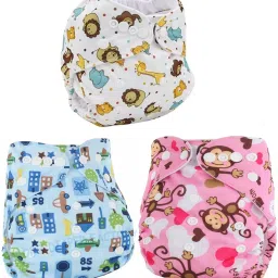 Printed Button Diaper Washable Baby Cloth Pocket Nappie Reusable, Waterproof, Adjustable Size for Infants(3 Diaper+ 3 Insert)-27