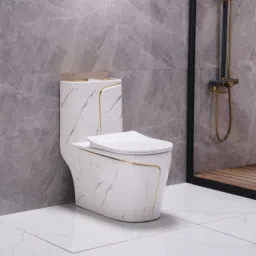 d o t C08 Premium White Marble commode with Yellow Finishing Line and Round Flush Button Western Commode image 3