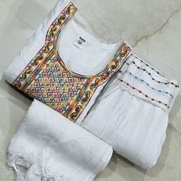 White cotton embroidered Afghani Salwar Kurta dupatta for women Embroidered Kurta, Salwar & Dupatta Set-image-12