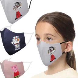 ANIMATION Anti-Pollution, Anti-Bacterial (BFE>99%) 4 Layer Embroidered, Designer, Trendy, Fashionable & Protective Cotton Cloth Face Mask for Kids each with Lanyard & Ear Adjusters (2-6 Years)(X-Small, Navy Blue-Grey-Pink, Pack of 3) EY_Animation_Combo_03 Reusable, Washable Cloth Mask-image-34