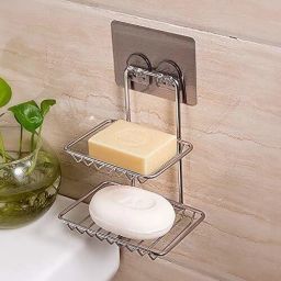 Double Layer Stainless Steel Soap Dish Storage Organizer Holder Self-Adhesive Waterproof Kitchen Bathroom Soaps Wall Rack Stand for washbasin no Drill Space Saver soap Holder Self For Home Stainless Steel Wall Shelf-22