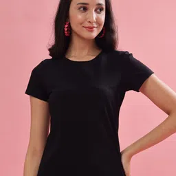 dollar Women Solid Crew Neck Cotton Blend Black T-Shirt-picture-14