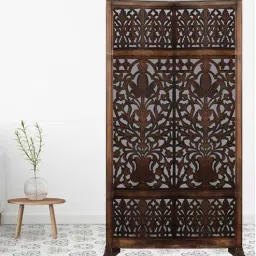 shilpi Brown Floral Concave Handcarved Wooden Room Divider Single Panel With Stand-picture-17