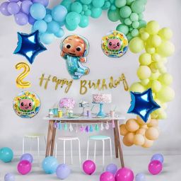 Cocomelon Theme 2nd Birthday Decoration Kit for Kids Multicolor Balloons, Banner-image-34