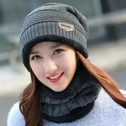 Woolen Beanie Cap with Scarf Set Stretch Warm(Inside Fur) Lining for girls|Women Beanie-picture-12