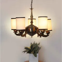 new era Devansh 05 Lights White & Black Round cotton shade with Antique Golden Chandelier-picture-23