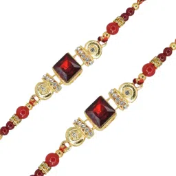Bracelet Goldplated Red stone-01 Mauli Thread Rakhi, Chawal Roli Pack, Greeting Card Set-15