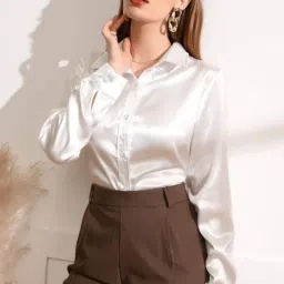 Women Regular Fit Solid Spread Collar Casual Shirt-image-4