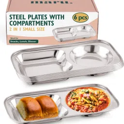 Pack of 6 Stainless Steel Tableware Compartment Plate|2 in 1 Rectangle Shape Plate Dinner Set-24