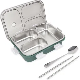 Stainless Steel 3 Compartment Lunch Box with Chopstick, Spoon & Lid K06 1 Containers Lunch Box-image-47