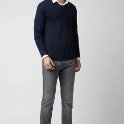 Men Self Design V Neck Blue Sweater-image-33
