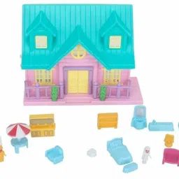Loving Family Doll House Set with accessories | Doll House Set Small with bed ,Sofa ,Chair, Recliner, Tub etc for Kids ( pink and blue )-image-58