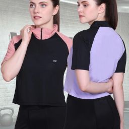 Pack of 2 Women Colorblock Polo Neck Polyester Black, Purple T-Shirt-image-18