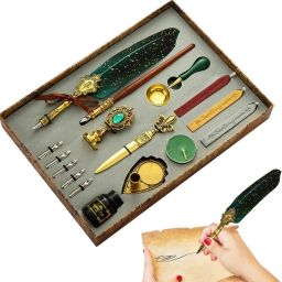 Feather Pen and Ink Set Antique Quill Pen Ink Dip Replacement Nib and Pen Holder Ink Bottle-4
