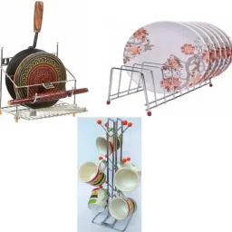 Chakla/Belan Kitchen Rack Present a combo pack of orange v shape cup stand + plate stand + 4 in 1 Steel-image-36