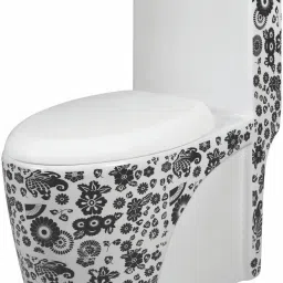 813 19 Platinum Western Toilet/Water Closet/Commode With Soft Close Toilet Seat Ceramic Designer One Piece Western Toilet / Commode / Water Closet / EWC S Trap 230mm / 9 Inch Numero Printed Black White Color Western Commode-12