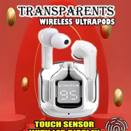crecro Ultrapod Bluetooth Earbuds Headset Crystal Transparent Design,LED Display GR78 Smart Headphones-image-90