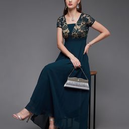 miss chase Women Fit and Flare Dark Blue, Beige Maxi/Full Length Dress-picture-16