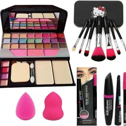 7pcs Makeup Brush set with Tya 6155 Makeup Kit + 2 pc Blender Puff and 3IN1 (KAJAL+MASCARA+EYELINER) Combo (Pack of 6)-10