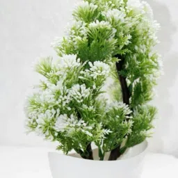 Artificial plant for home decoration pair set of 1 small table plant for office ,balcony ,dining table.white and green colour flower combo. White, Green Wild Flower Artificial Flowerwith Pot-image-49
