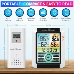 amiciSense Digital Weather Station Outdoor/Indoor Temperature and Humidity Monitoring Device with Touch Screen and Clock Function Weather Station image 2