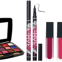 18 color eyeshadow with red edition liquid lipstick set & waterproof eyeliner-17