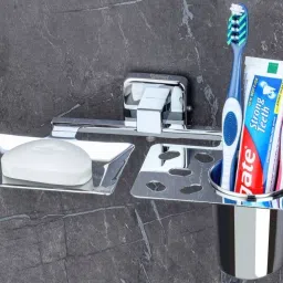 Stainless Steel 2 in 1 Soap Dish with Tumbler Holder, Tooth Brush Holder(Chrome) Stainless Steel Wall Shelf-image-59