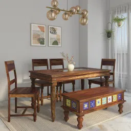 mudramark from pepperfry Siramika Sheesham Wood 6 Seater Dining Set In Provincial Teak Finish With Bench-picture-32