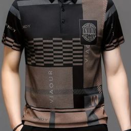 Men Geometric Print Polo Neck Pure Cotton Black T-Shirt-10