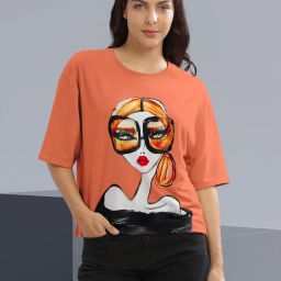 Women Graphic Print Round Neck Cotton Blend Orange T-Shirt-image-67