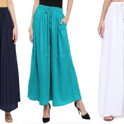 Pack of 3 Women Flared Dark Blue, Light Blue, White Viscose Rayon Trousers-image-44