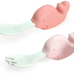 Baby Training Spoon Whale Shape Spoon, Baby Spoon and Fork Set - (Pink).- Plastic And Rubber Handle-image-11