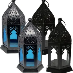 Decorative Moksha Hanging Lantern/Lamp with t-Light Candle, (Set of 4) Black Iron Hanging Lantern-image-0