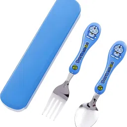 2 PCs Cartoon Print Design for Kid's Portable Stainless Steel Spoon & Fork Plastic Cutlery Set-2
