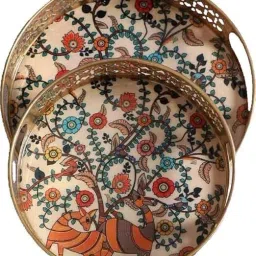 Round Tray Set of 2 Deer Pichwai Tray (Size = 8" and 10") Tray-image-11