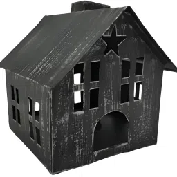 Black Tealight Lantern - Hut-Shaped with Star Cutouts Black Cast Iron Table Lantern-4
