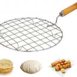 1PC Round Papad Roaster Stainless Steel Roti Maker Jali Barbeque Vegetable Tandoor Net Roaster with Wooden Handle Paneer Grill Maker Fulka Making Pizza Grill 1 kg Roaster-image-9
