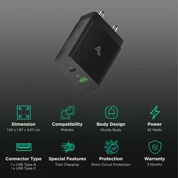vaku luxos Vaku 42W Type A & Type C 2-Port Fast Charger (Adapter Only, Short-Circuit Protection, Black) image 2