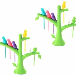 PLASTIC BIRD FORK SET WITH TREE SHAPE HOLDER RACK & 6 Bird Plastic Fork Disposable Plastic Salad Fork, Fruit Fork Set-20