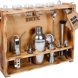 bar box Cocktail Shaker Set Rustic Wood Stand Bartender Kit - Bar Set Steel Shaker Bar Set-picture-19