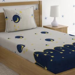 hosta homes White & Blue Moon & Star Print 220 TC Poly Cotton Single Size Bedsheet With 1 Pillow Covers-picture-39