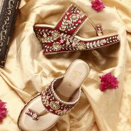 Women Slip-Ons Floral Embroidered Ethnic Wedge Heel Bridal Sandals | Heel: 3 Inches Heels Sandal-image-1