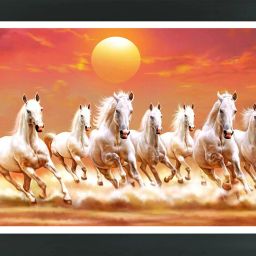 Seven running white horse framed painting| light red background | Seven white horse photo frame | Seven horse vastu painting | seven horse vastu photo frame Digital Reprint 14 inch x 20 inch Painting-1