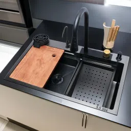 Handmade Premium Stainless Steel Nano Single Bowl 30x18x9 inches Kitchen Sink with Integrated Waterfal, RO Tap and Pull Out Faucet Counter Top Matte Finish Vessel Sink-image-21