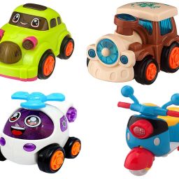 combo set of 4 friction powered cute push and go toys - car, helicopter, scooter and train engine, toy pack for toddlers, baby, kids, child, girls(4 piece)-Multi color-30