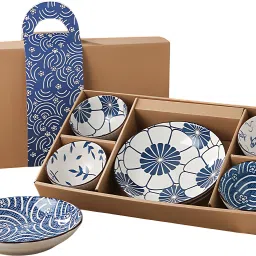 Pack of 6 Ceramic Bowl and Plate Set, Floral Blue Patterns Crockery Set for Dining & Gifting Dinner Set-108