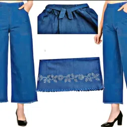 Women Loose Fit Dark Blue Cotton Blend Trousers-image-77